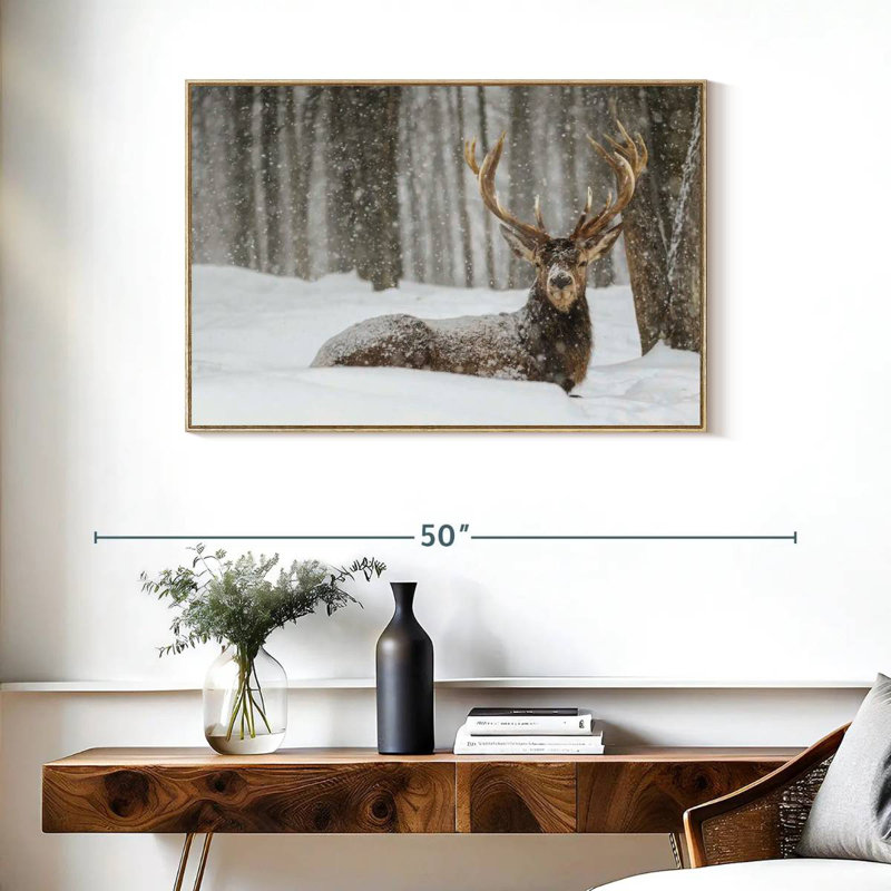 Wapiti recouvert de neige, Cadre flottant en bois naturel, 37 po x 25 po