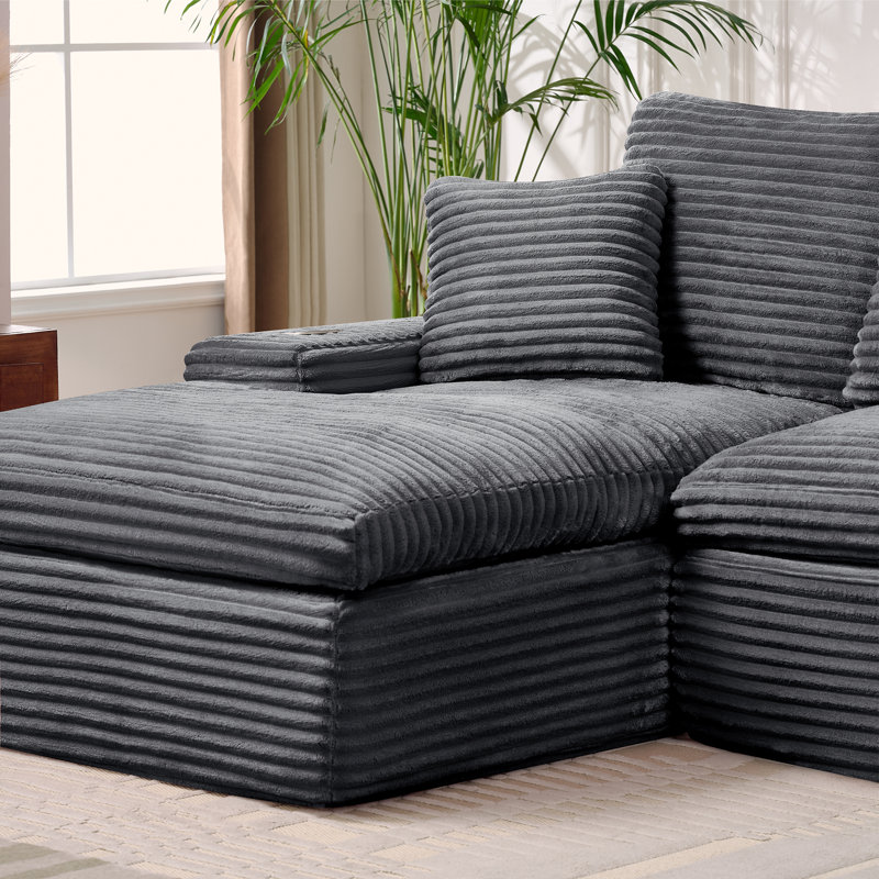 Canapé modulaire rembourré en mousse à compression 98,4 po avec méridienne et poche latérale, Gris