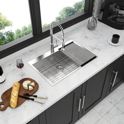 33X22 Inch Drop In Single Bowl Topmount Kitchen Sink 18 Gauge Stainless Steel, T-304 Construction, 9-Inch Depth, Standard Faucet Holes, Five Rubber Pads For Noise Reduction, Gentle Sloped Bottom Easy