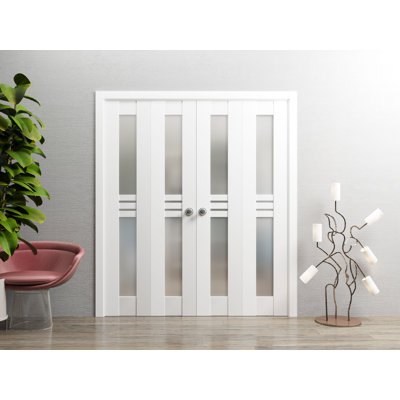Sliding Closet Double Bi-fold Doors 72" x 96" (4* 18x96) Mela 7222 White Silk Sturdy Tracks Moldings Trims Hardware Set Wood Solid Bedroom Wardrobe Doors