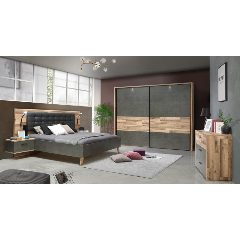 Huguley 2 Door Manufactured Wood Wardrobe, 210.5cm H x 220.1cm W x 61.2cm D, Brown/Grey