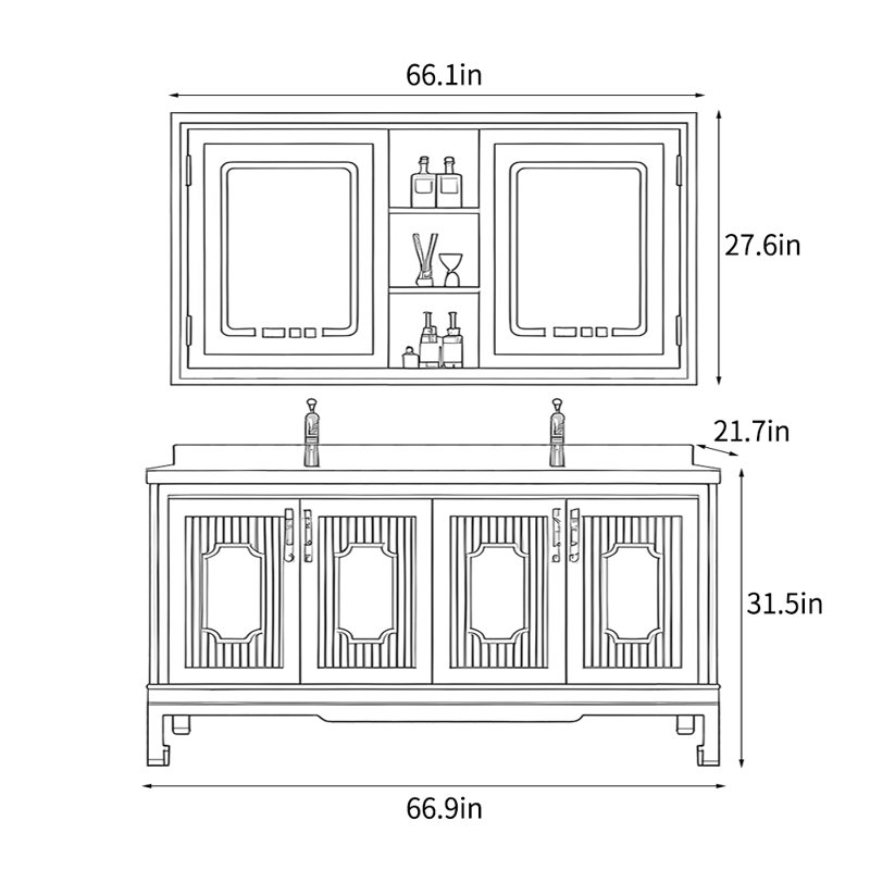 Armoire de salle de bain rétro chinoise, H 31,5 po x l 66,9 po x P 21,7 po