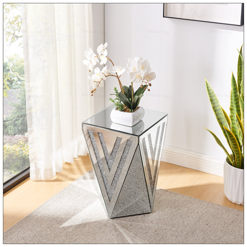 Inverted Triangular Mirror Coffee Table with Crystal Diamonds, Ideal for Living Rooms and Small Spaces, Elegant and Space-Efficient