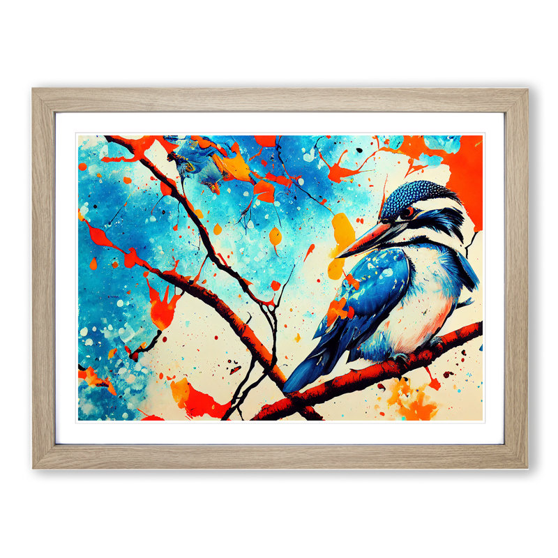 Kingfisher Bird Splashed Vol.5 Abstract - Framed Print, 34cm H x 46cm W x 2cm D, Oak