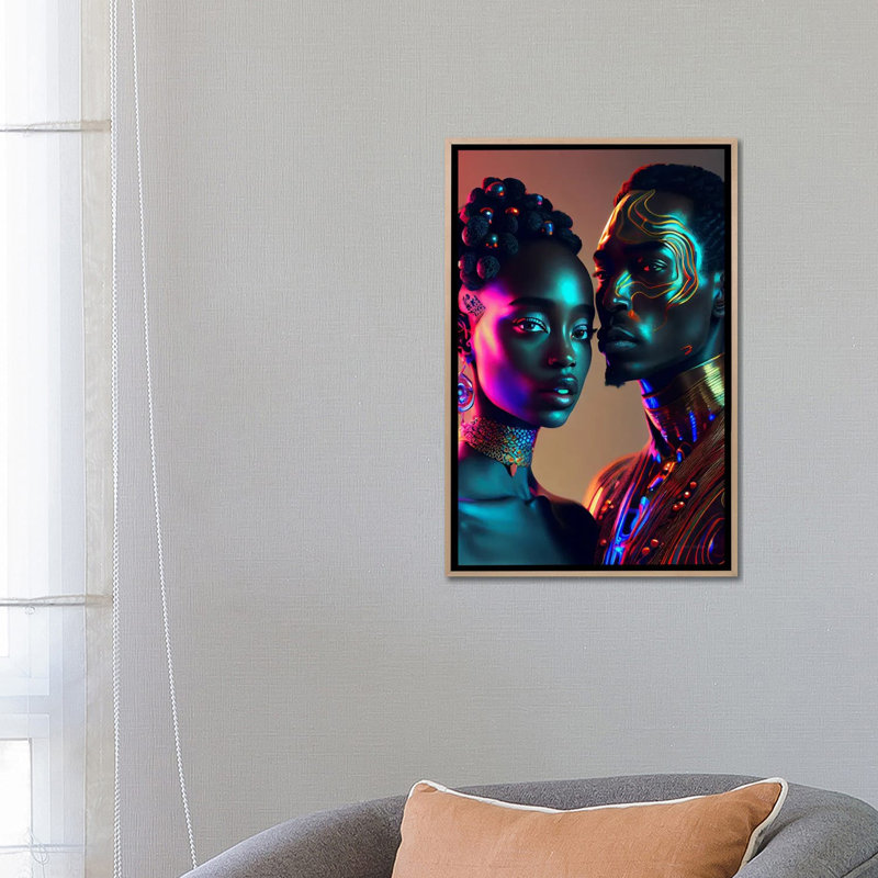 Afrofuturist African Royalty Queen And King II, Natural Wood Floater Framed Canvas, 26" H x 18" W x 1.5" D