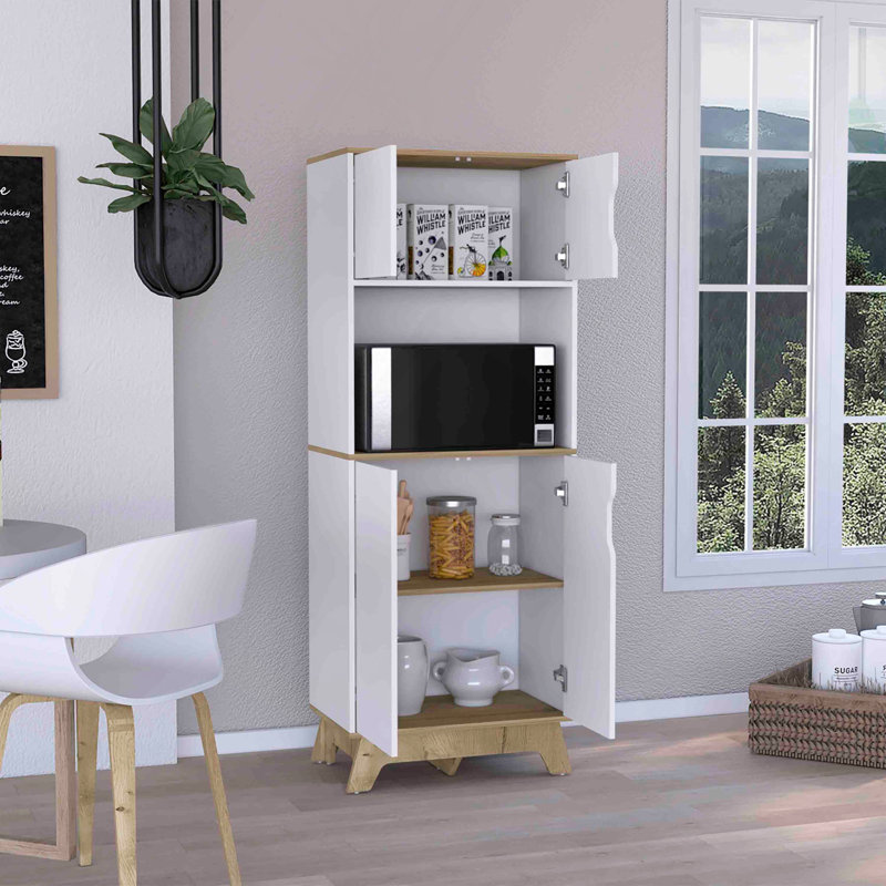 Grande armoire de comptoir à micro-ondes Pamplona, armoires à portes doubles supérieure et inférieure - chêne clair / blanc