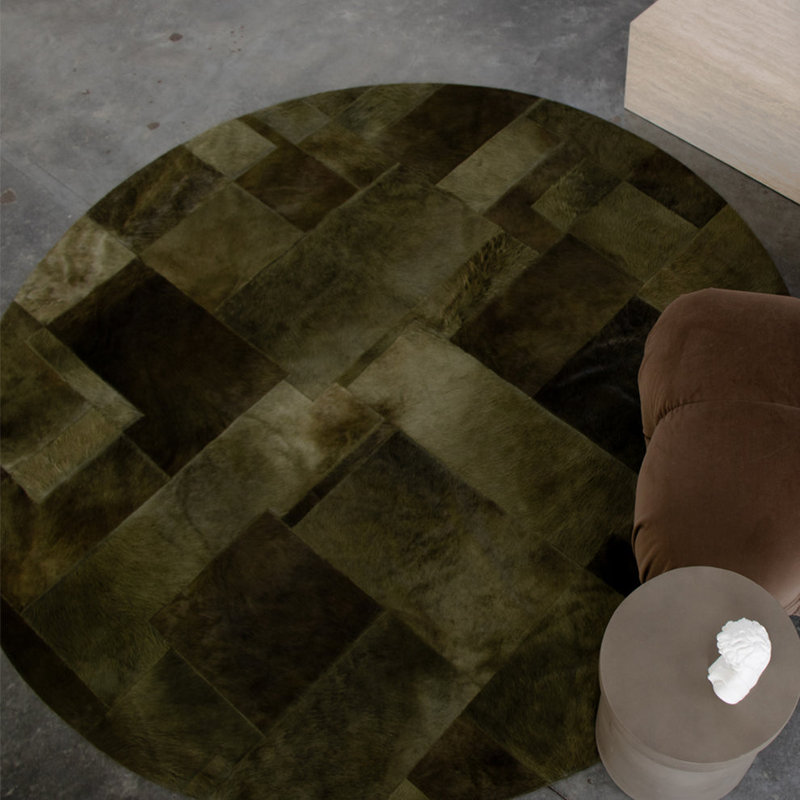 Art Hide X Sasha Biskoff Cowhide Geometric Area Rug in Green, Round 9'10"