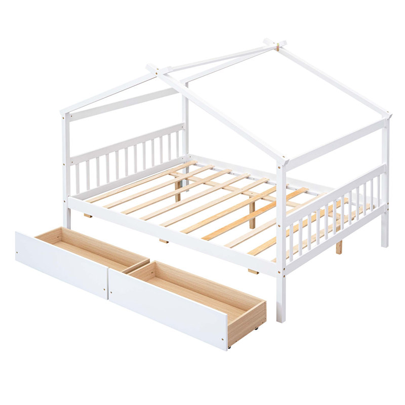 Lit double en bois avec tiroirs, Blanc