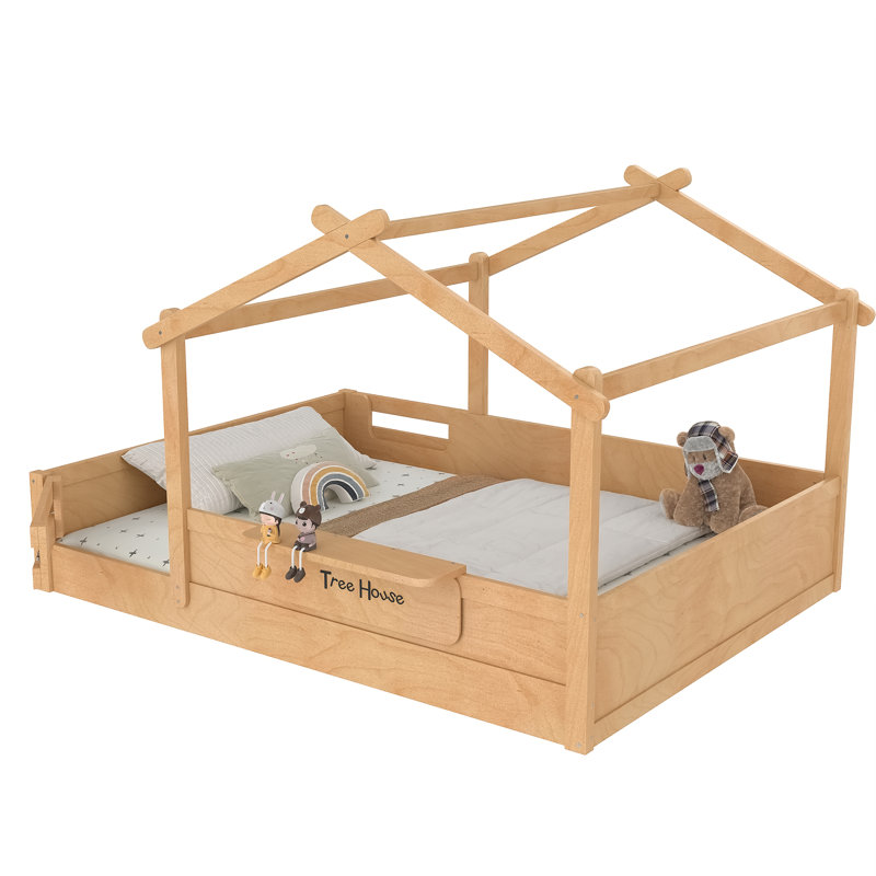 Akin House-Shaped Wooden Floor Bed with Guardrails & Built-in Tray, Natural, Queen