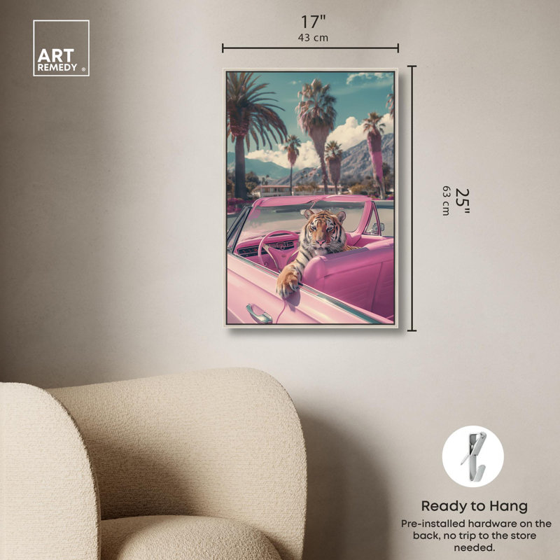 Art mural rose Rosy Tiger's Ride I, Cadre argenté, H 25 po x l 17 po