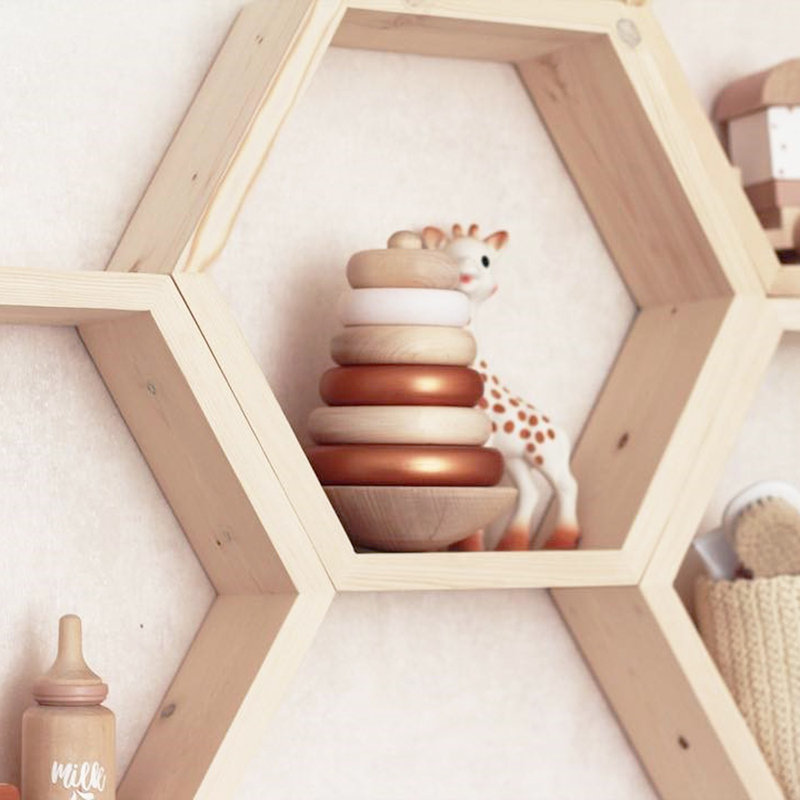 Tablette flottante hexagonale en bois massif avec tablettes ajustables