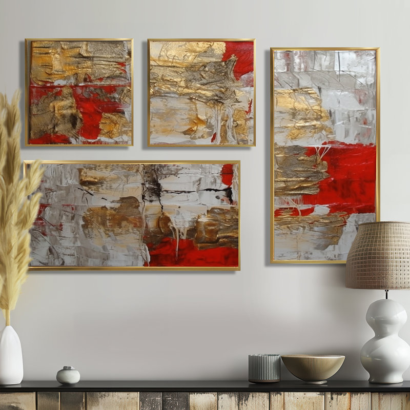 «Cardinal Sin Retro Delight Abstract Red I», peinture sur toile grand format 4 pièces, Impression encadrée sans passe-partout