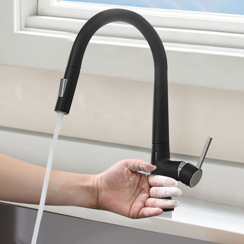 Topcraft Single Handle Single Hole Kitchen Sink Faucet with Sensor, Matte Black/Brushed Nickel