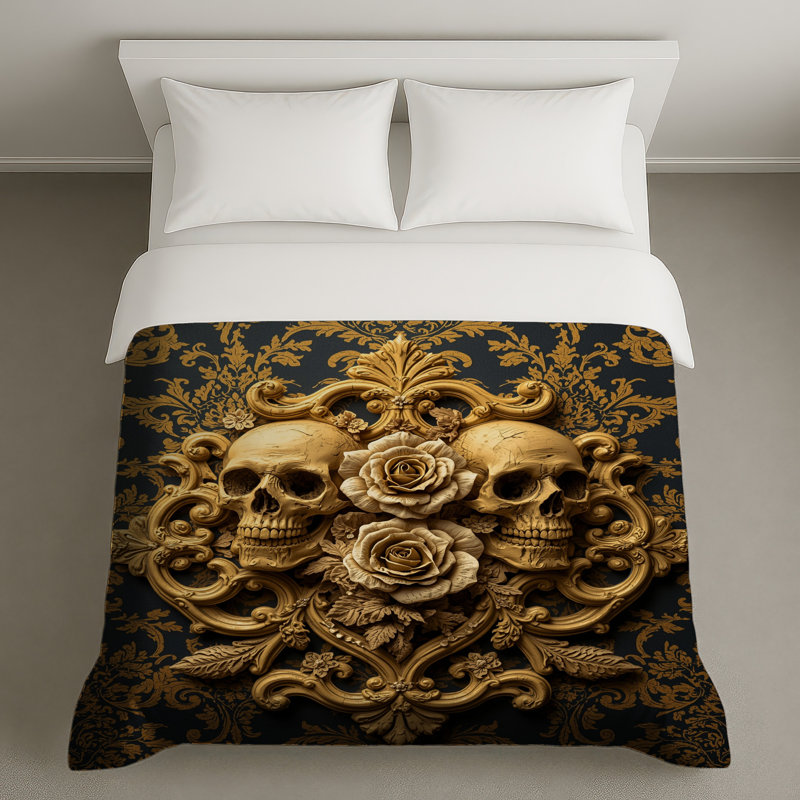 Gold Skulls Roses Duvet Covers, Queen