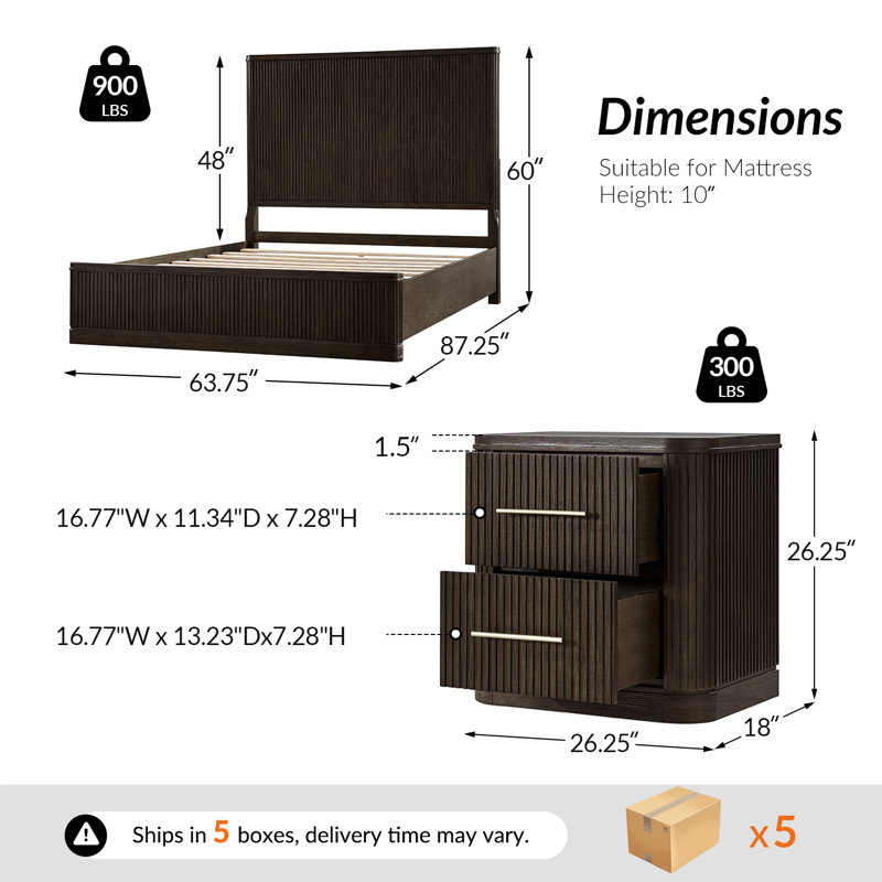 Graciana 4-Piece Modern Fluted Solid Wood Bedroom Set with Oak Texture, Queen, Black