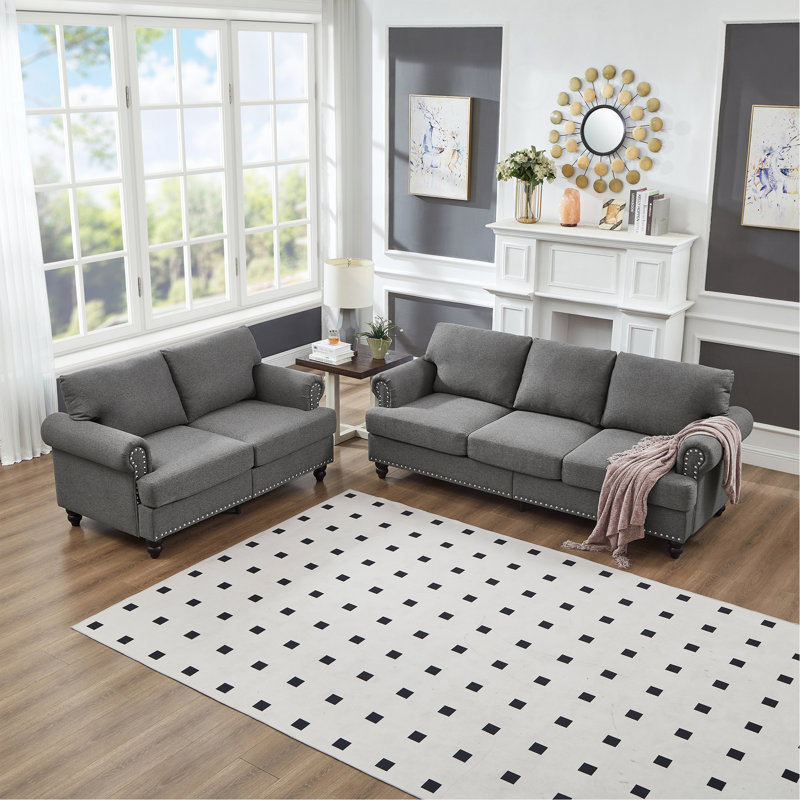 Canapé en tissu d'ameublement moderne et classique avec clous pour canapé 2 + 3 places., Gris