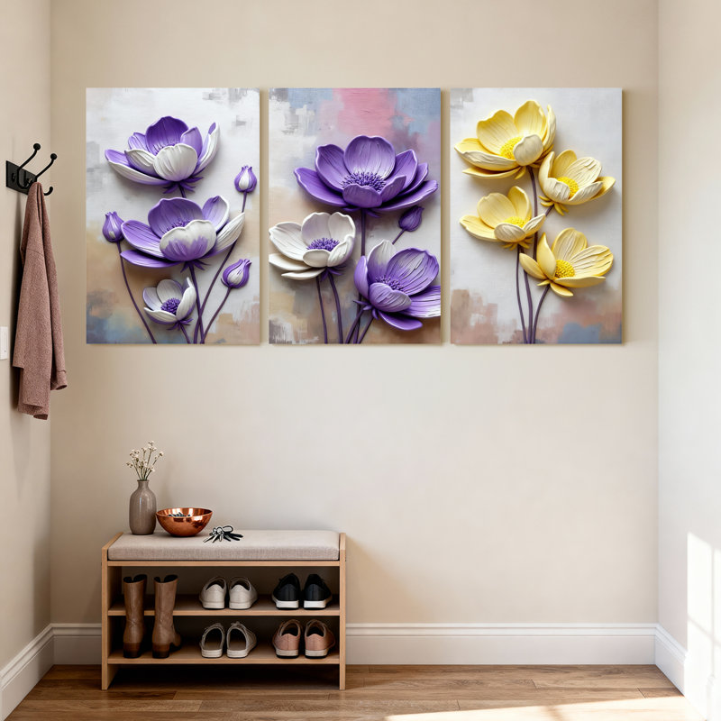 Ensemble de 3 tableaux muraux sur toile à motifs floraux violets et jaunes, H 36 po x l 72 po