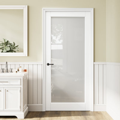 1-Lite Frosted Glass Slab Door,  Interior Tempered Ceramic Frit Glass Door Slab, White Primed/Prefinished, Solid Core Standard Door, Pantry Door, Room Door
