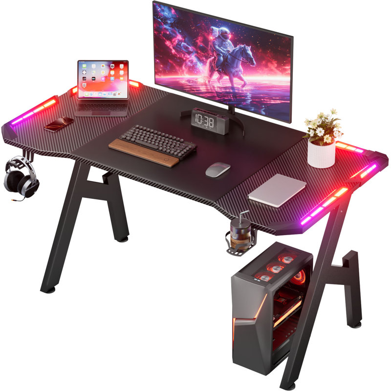 Gaming Desk with LED Lights, Large Computer Gaming Table with Carbon Fiber Coated for Home Office, Sturdy A-Shaped PC Gamer Desk Workstation with Cup Holder & Headphone Hook, Black