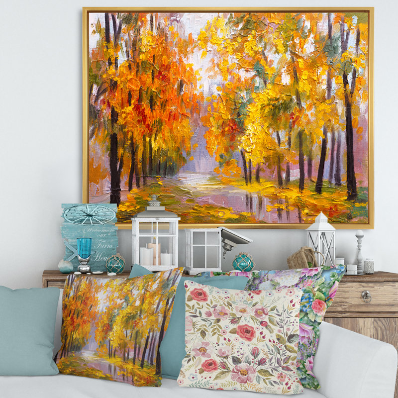 Forêt pleine de feuilles tombées en automne - peinture sur toile, H 24 po x l 32 po x P 1 po, Cadre flottant doré