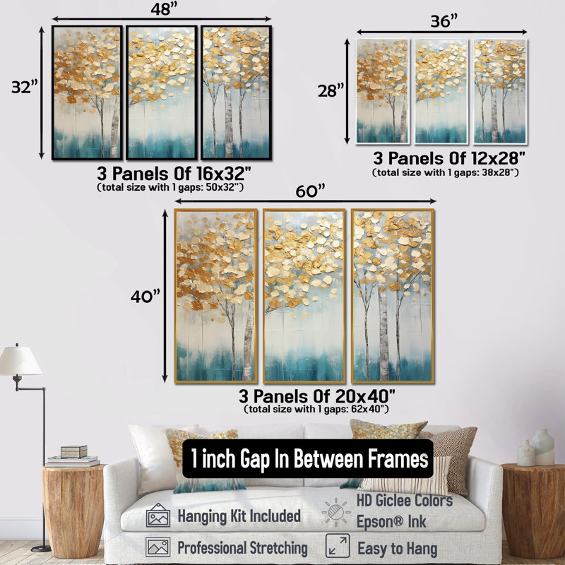 Serene Birch Trees Silver Autumn - ensemble d'art mural arbre bouleau, Cadre flottant noir, H 32 po x l 48 po x P 1 po