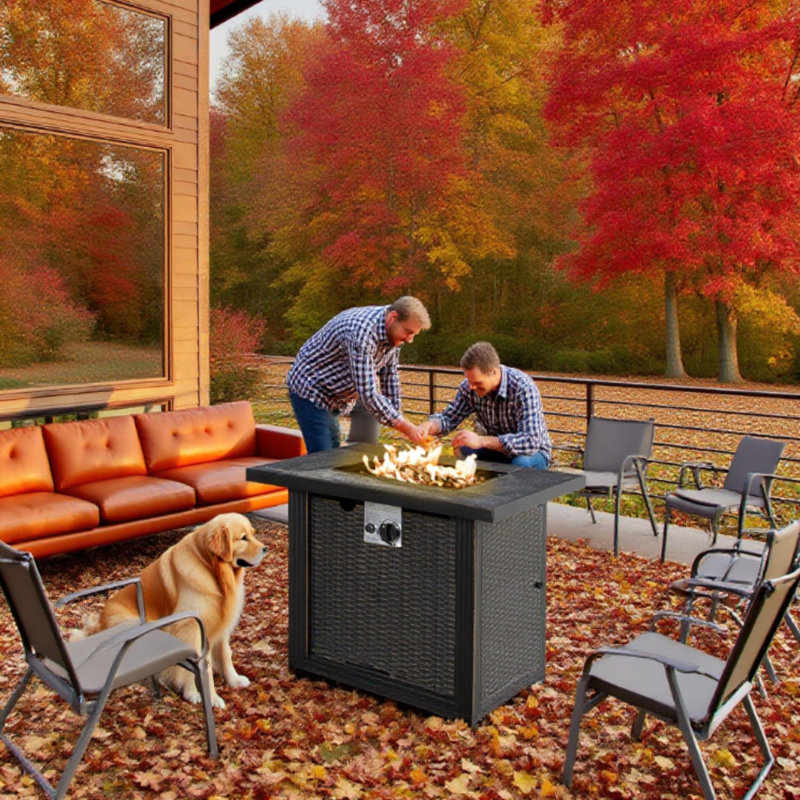 30 inch Square Propane Fire Pit Table Outdoor Firepit with Ceramic Tile Top and Black Wicker Base