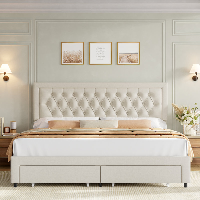 Binghamton Upholstered Platform Bed With 2 Storage Drawers, Wood Storage Bed Frame With Adjustable Headboard, Queen