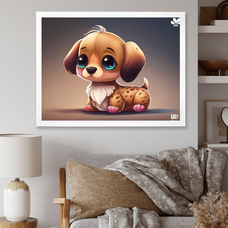 Mignon teckel d'anime sur toile, Cadre simple blanc, H 24 po x l 32 po x P 1 po