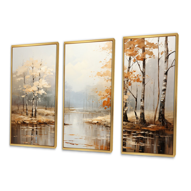 Mystic Nostalgia Autumn Forest - ensemble d'art mural sur toile forêt, Cadre flottant doré, H 40 po x l 60 po x P 1 po