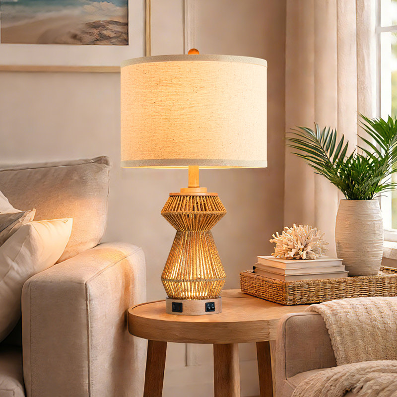 24'' Boho Handwoven Rope Table Lamp Set of 2 with Night Light and Dual USB A+C Charging Ports