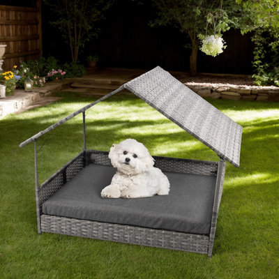 Outdoor Indoor Medium Wicker Dog House With Canopy - Elevated Rattan Dog Bed With Water Resistant Cushion For Small Medium Large Dogs - Protective Cover Included