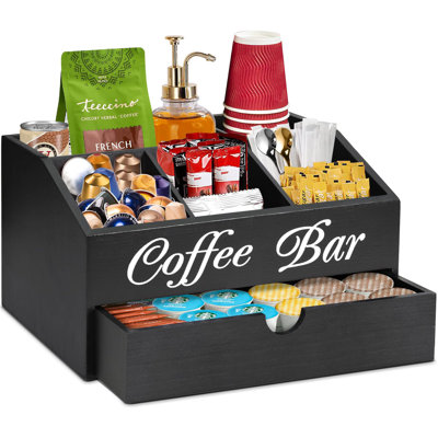 Coffee Bar Organizer Countertop, Wooden Bar Accessories With Drawer, Coffee Station Organizer Pods Holder Storage Basket, Black