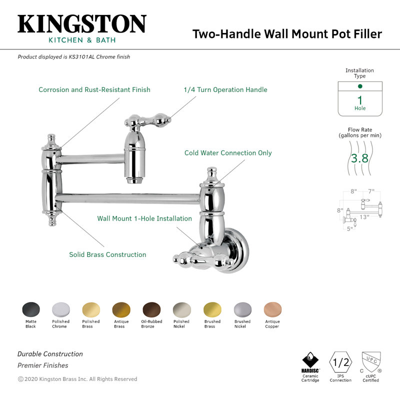Kingston Brass Restoration Two-Handle 1-Hole Wall Mount Pot Filler Faucet, Brushed Brass