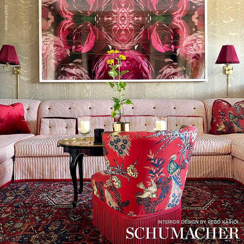 Schumacher x Miles Redd Peacock Fabric, Red