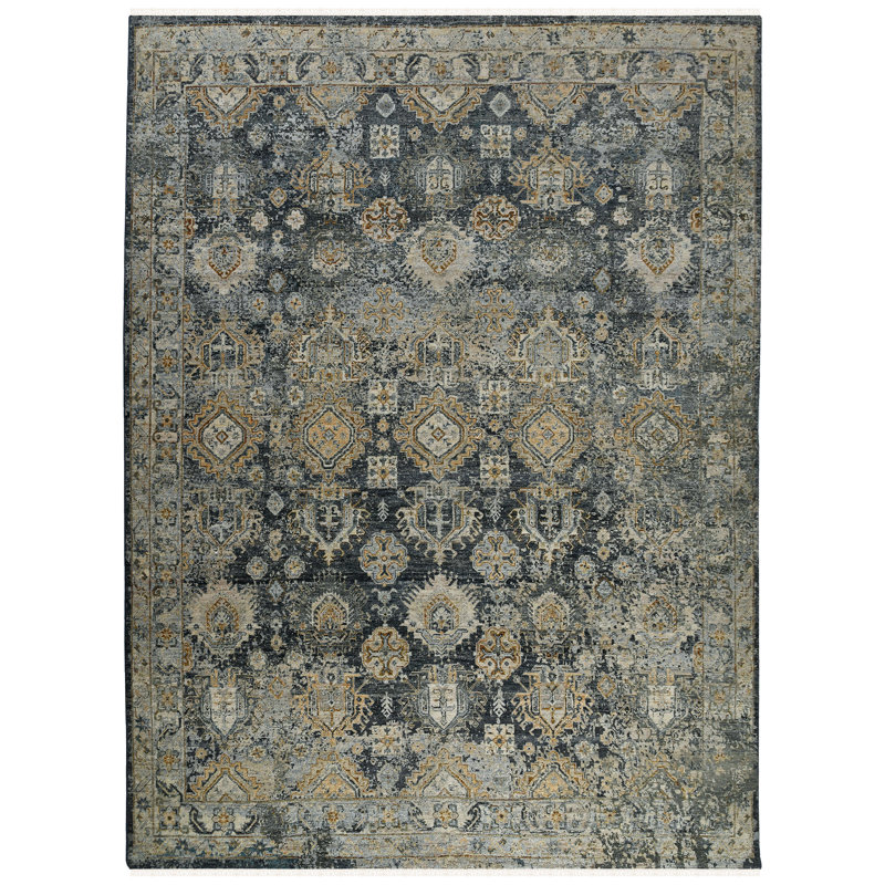 Oriental Handmade Hand-Knotted Area Rug in Blue/Gray, Rectangle 9' x 12'