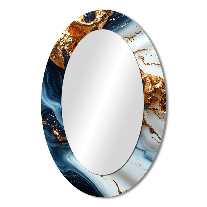Géode abstraite dorée et bleue forme de marbre III - Miroir décoratif abstrait ovale sur métal, 36 po x 24 po