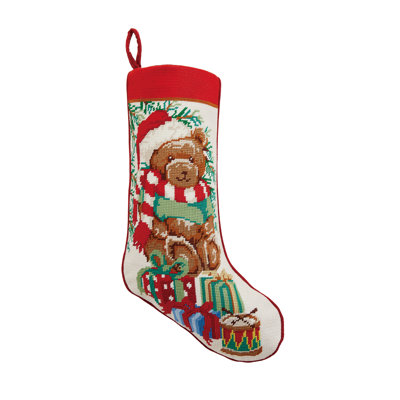Teddy Bear Embroidered Needlepoint Stocking