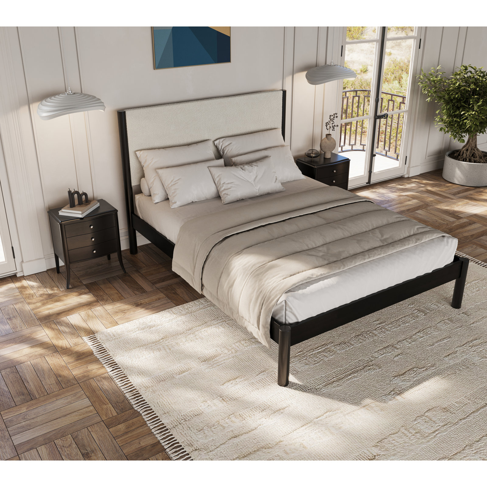 Ardin Solid Wood Bed Frame With Cream Boucle Upholstered Headboard, Full, Black
