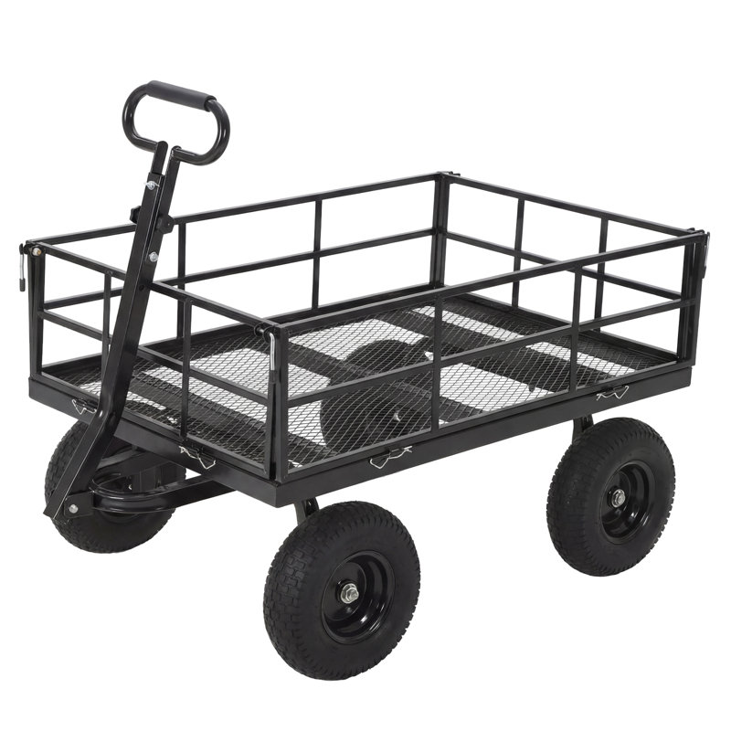 Chariot de jardin en acier robuste - capacité de charge de 950 lb - pneus de 10 po - poignée rotative à 180 ° - attelage de VTT / tracteur - cadre noir avec poignée jaune et moyeu