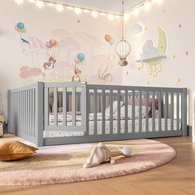 Safe And Comfortable Floor Bed With Guardrails And Door For Kids, Ensuring Peace Of Mind And Cozy Sleep.