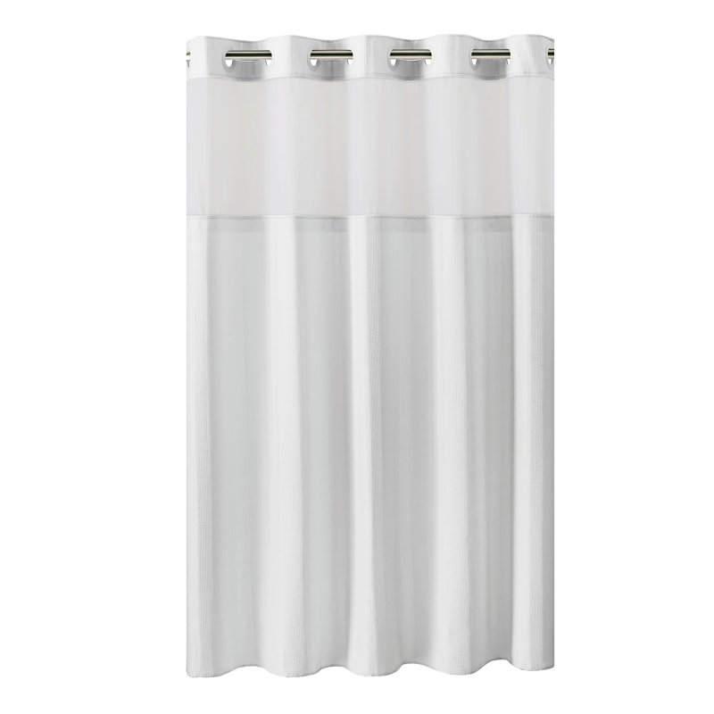 Hookless Waffle Stripe Shower Curtain, 2-in-1 Shower Curtain Includes Fabric Shower Curtain with Sheer Top Window and Flex-on Rings, It’s a Snap! Liner Compatible, 71 In Wide x 74 In Long, Bright White