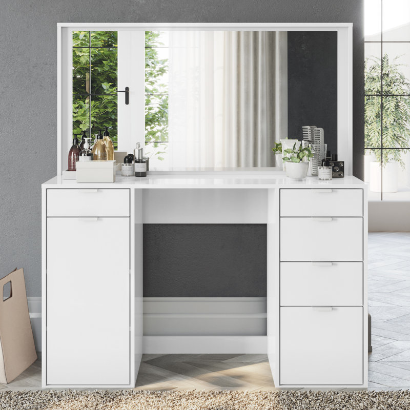 Meuble-lavabo Leyla avec miroir, 5 tiroirs et 1 porte, beaucoup de rangement.