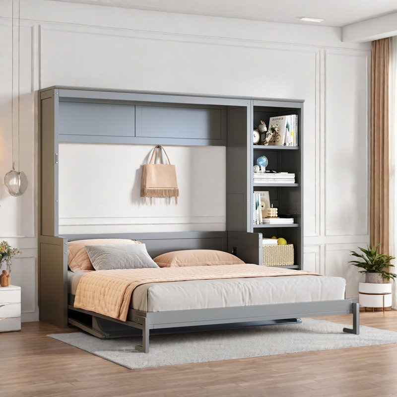 Lit escamotable avec bureau et tablettes Murphy, Gris, Grand lit