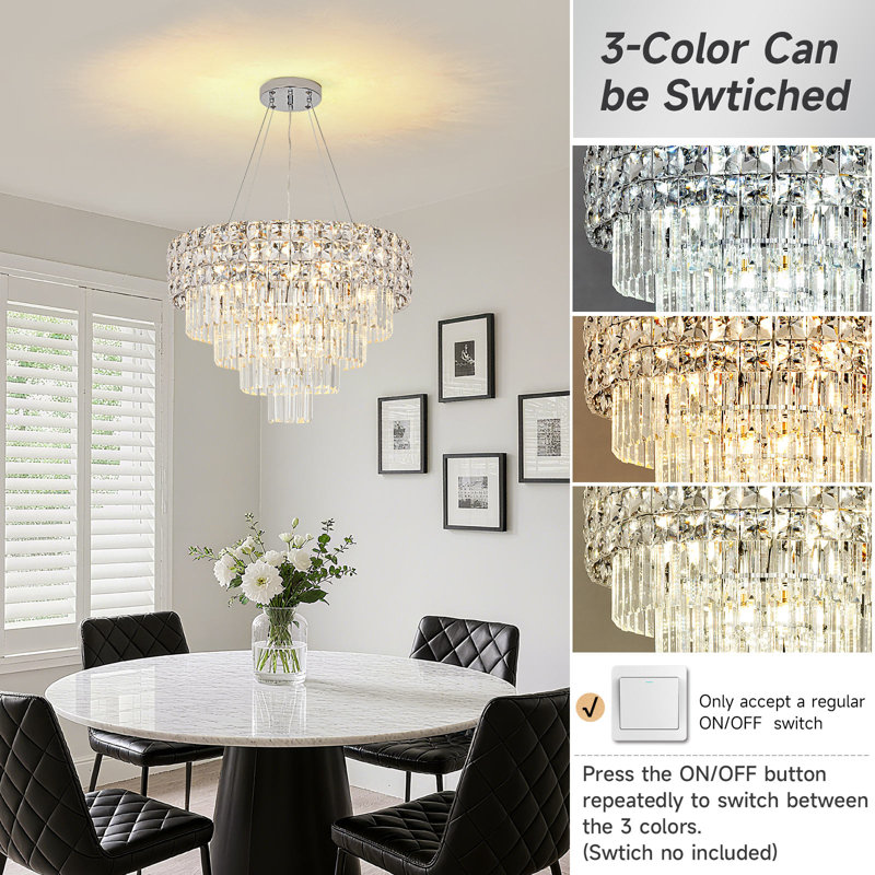 Crystal Chandelier Pendant Light, Adjustable Height for Sloped Ceilings, 3-Color Switchable, Chrome Finish, 11 Lights E12/E14, Modern Ceiling Fixture for Dining Room/Living Room