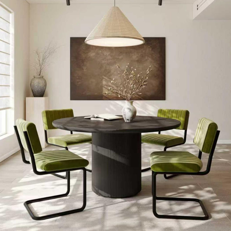 Mid-Century Modern Velvet Upholstered Cantilever Dining Chairs with Armless Design and Metal Frame (Set of 4), Plaid Green