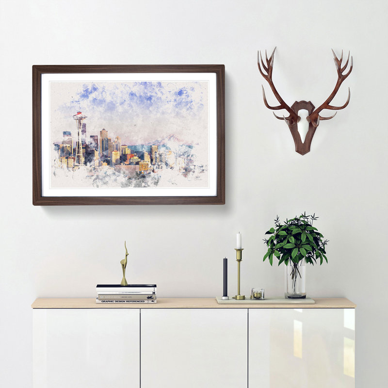 Seattle Skyline - Picture Frame Painting Print, 62cm H x 87cm W x 2cm D, Walnut Framed
