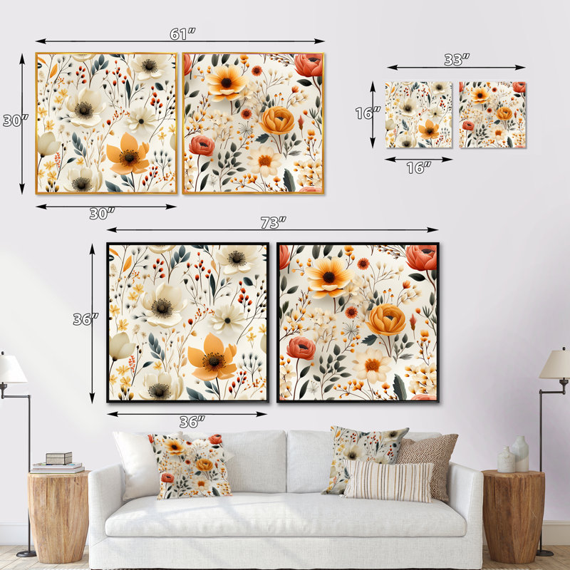 Cecilia - Ensemble de 2 collages carrés botaniques abstraits, Cadre flottant blanc, H 30 po x l 61 po