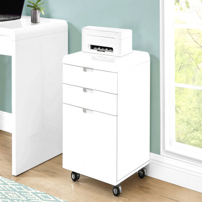 Glossy White Laminate Contemporary Rolling File Cabinet With Storage Drawers & Printer Stand
