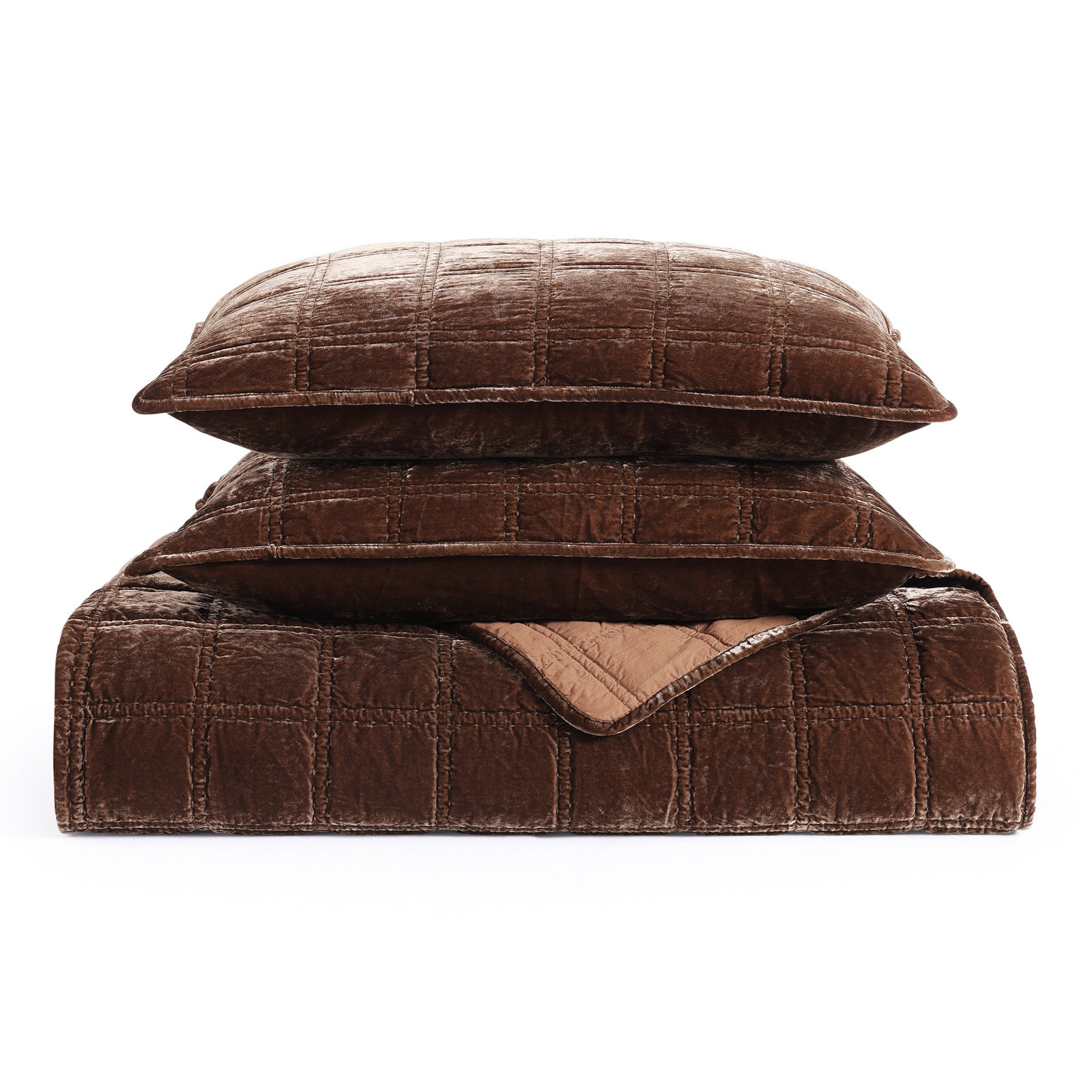 Stella Faux Silk Double Box Stitch Classic Chic Casual Modern Rustic Quilt Set, King Quilt + 2 King Pillowcases, Brown