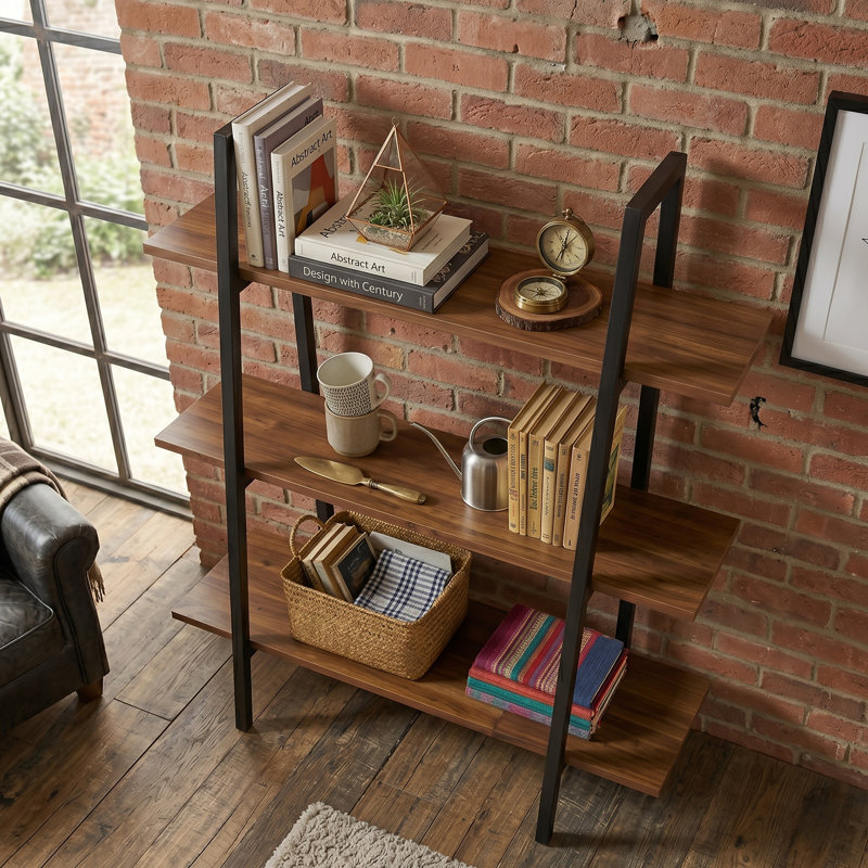 Solid Acacia Wood Ladder Bookshelf - 3-Tier Industrial Leaning Bookcase with Metal Frame - Easy Assembly Cherry Brown
